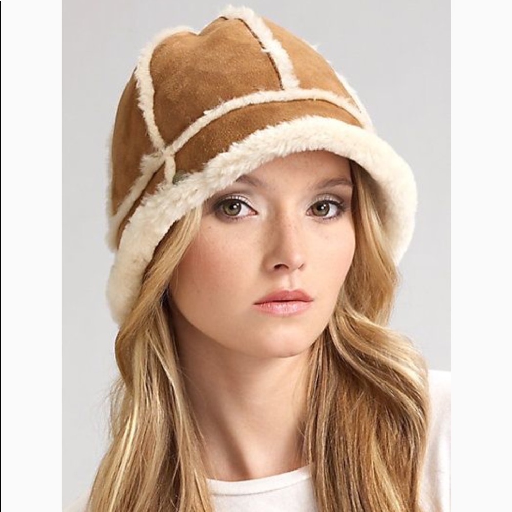 UGG Tan Suede Shearling Cloche Hat with Cream Trim